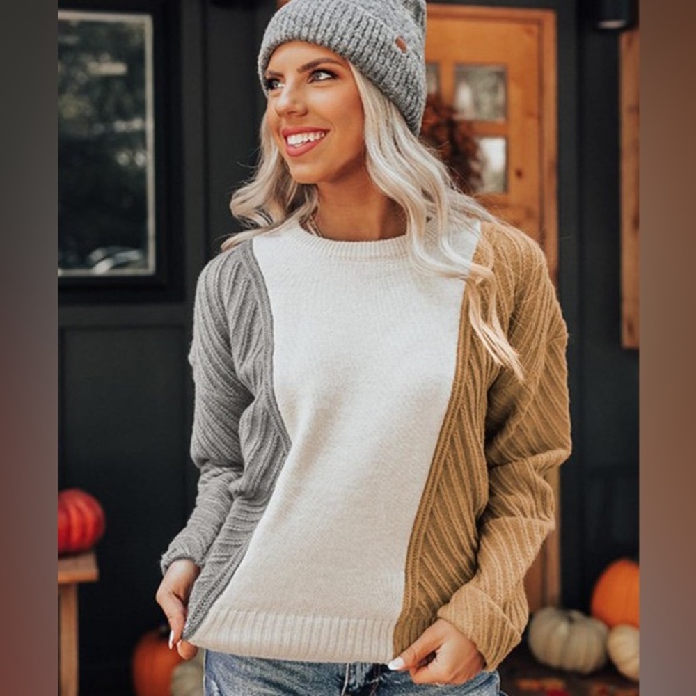 Cozy Sweater, Color Block, Cable Knit Texture, White/Tan/Gray, M L XL 2X - Picture 1 of 16